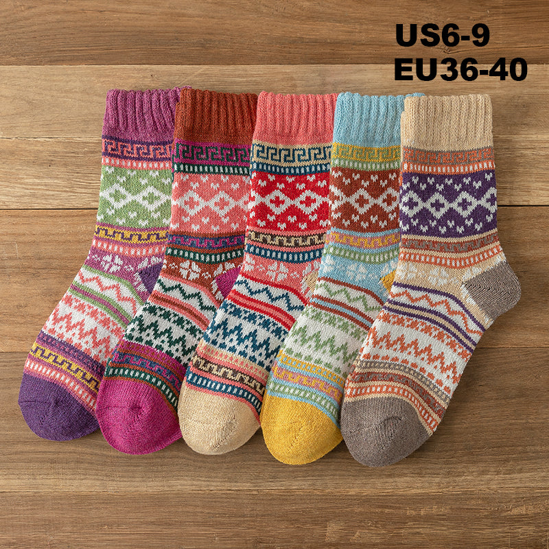 Chaussettes en Laine Style Nordique Rétro pour Femmes - Lot de 5 paires aux choix