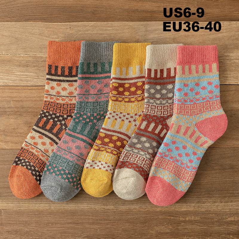 Chaussettes en Laine Style Nordique Rétro pour Femmes - Lot de 5 paires aux choix