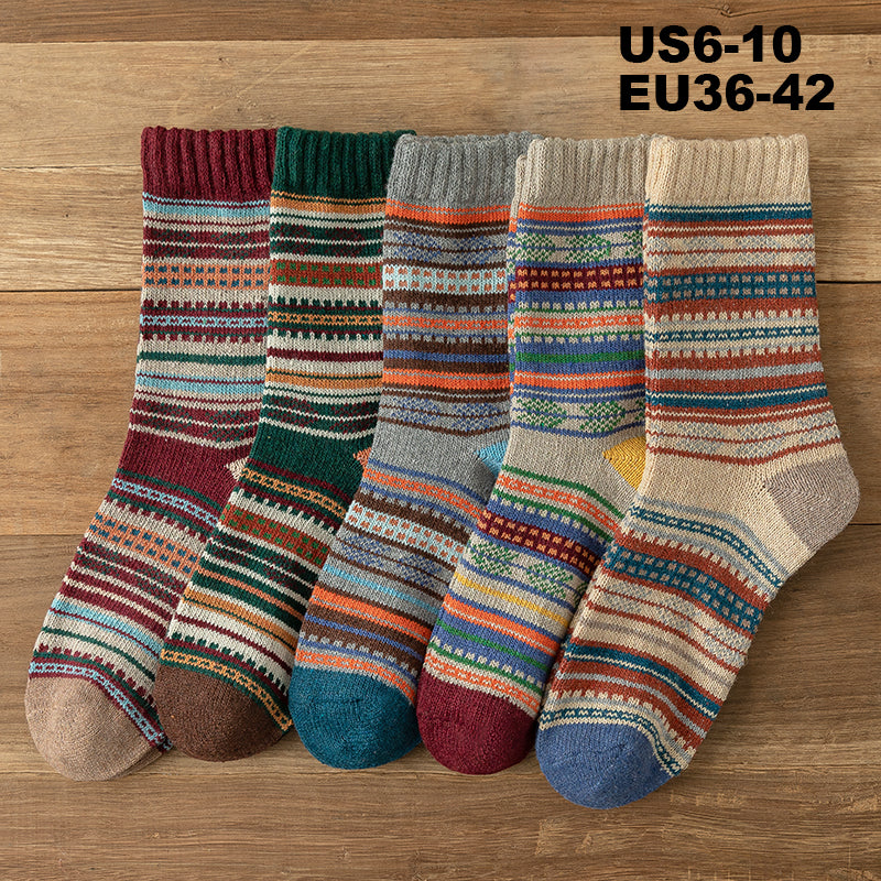 Chaussettes en Laine Style Nordique Rétro pour Femmes - Lot de 5 paires aux choix