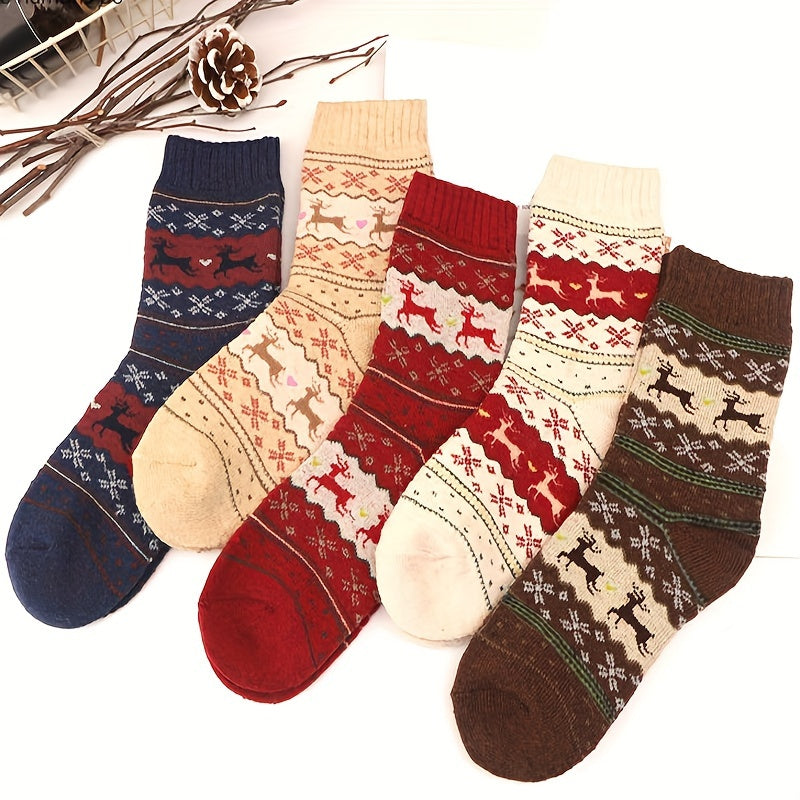 Lot de 5 paires de chaussettes nordique épaisses à imprimé wapiti pour femmes de longueur classique - Polyvalence et confort pour toutes les occasions