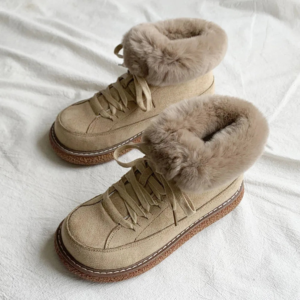 Bottes à lacets en cuir de vache et laine chaude pour femmes