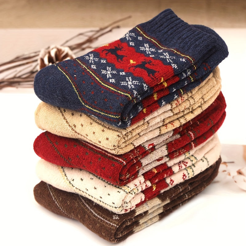 Lot de 5 paires de chaussettes nordique épaisses à imprimé wapiti pour femmes de longueur classique - Polyvalence et confort pour toutes les occasions