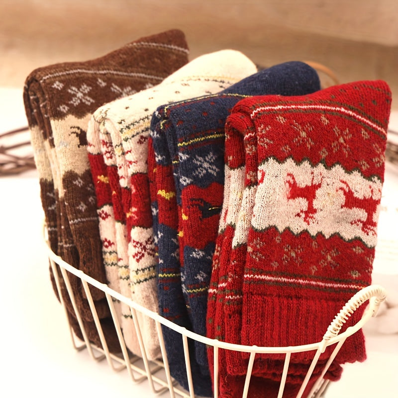 Lot de 5 paires de chaussettes nordique épaisses à imprimé wapiti pour femmes de longueur classique - Polyvalence et confort pour toutes les occasions