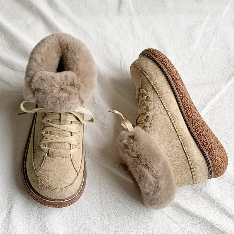 Bottes à lacets en cuir de vache et laine chaude pour femmes