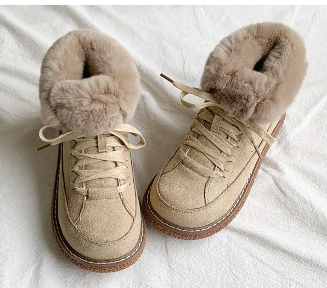 Bottes à lacets en cuir de vache et laine chaude pour femmes