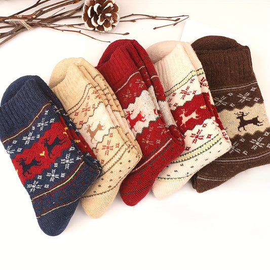 Lot de 5 paires de chaussettes nordique épaisses à imprimé wapiti pour femmes de longueur classique - Polyvalence et confort pour toutes les occasions